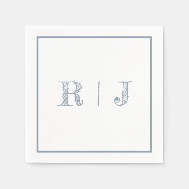 Serviette En Papier Monogrammes Initiales Dusty Blue Mariage moderne (Devant)