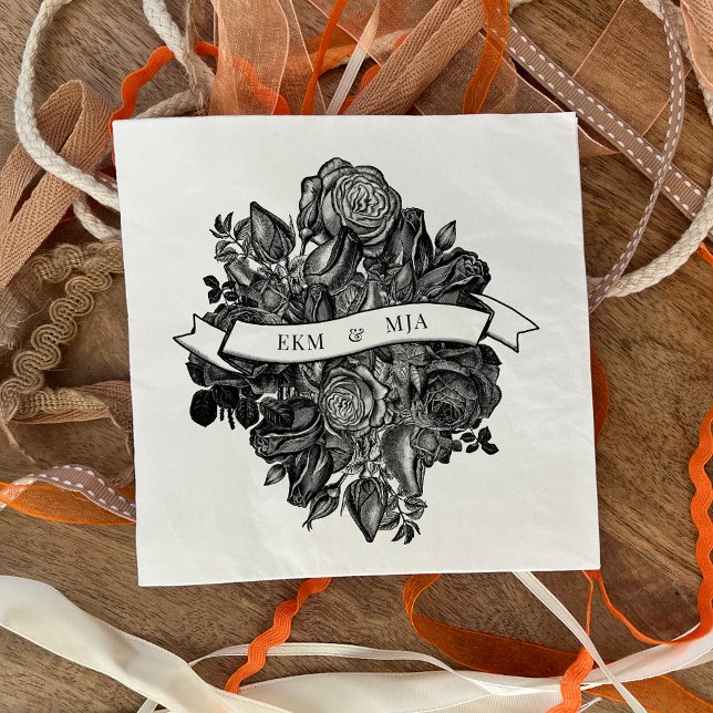 Serviette En Papier Monogrammes noir blanc Rose Mariage de bouquet (Créateur téléchargé)