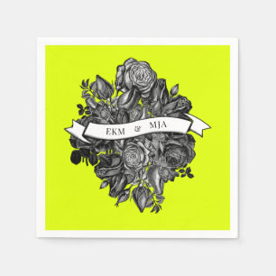 Serviette En Papier Monogrammes noir blanc Roses Mariage vert de chaux