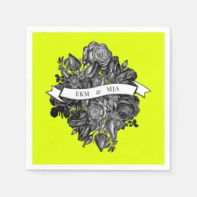 Serviette En Papier Monogrammes noir blanc Roses Mariage vert de chaux (Devant)