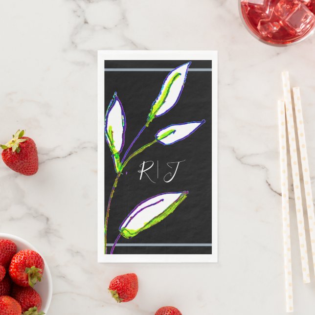 Serviette En Papier Monogrammes Sage Green Leaf Black White Art Mariag (En situation)