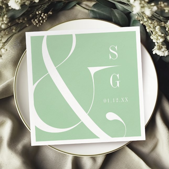Serviette En Papier Monographie de couple de typographie moderne vert  (Spring green modern typography couples monogram napkins)