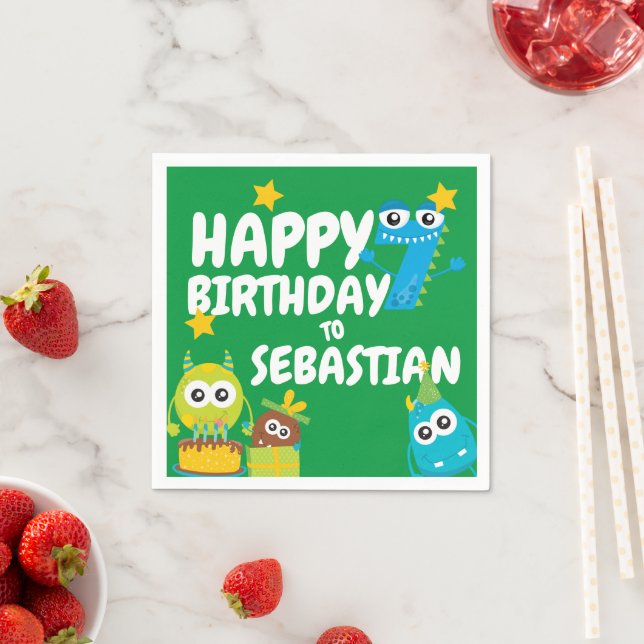 Serviette En Papier Monster Fun Sept Ans Anniversaire Personnalisé (En situation)