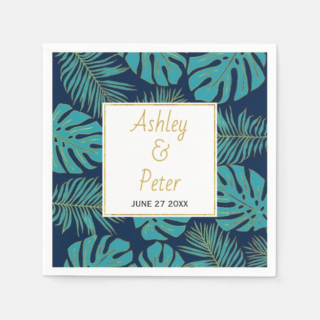 Serviette En Papier Monstère tropicale turquoise, palmier feuille mari (Devant)