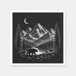 Serviette En Papier Montagne Mystique Nuit de Style Linogravure Sauvag