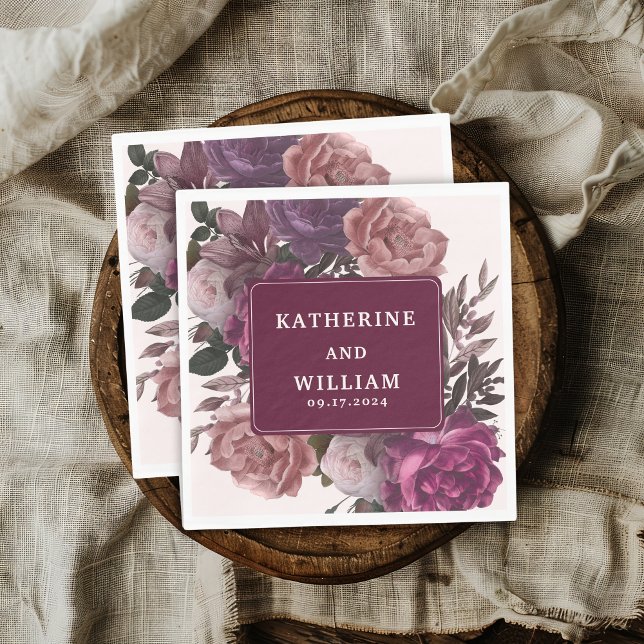 Serviette En Papier Moody foncé bordeaux et violet Mariage floral (Créateur téléchargé)
