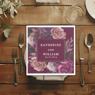 Serviette En Papier Moody foncé bordeaux et violet Mariage floral