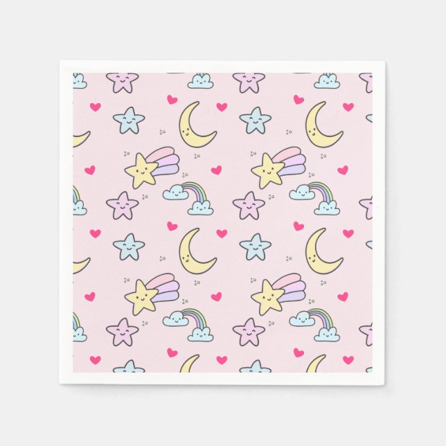Serviette En Papier Moon, Stars and Clouds Pattern on Rose (Devant)