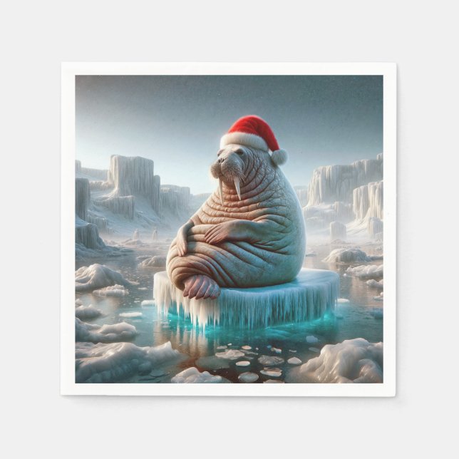 Serviette En Papier Morse portant un chapeau de Père Noël (Devant)