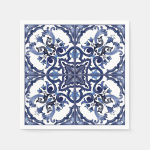 Serviette En Papier Mosaïque de majolique sicilienne bleue et blanche