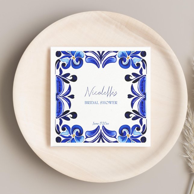 Serviette En Papier Mosaïque méditerranéenne bleu français pour la dou (French Blue Mediterranean Spanish tiles bridal shower printed Napkins template personalized tablewar)