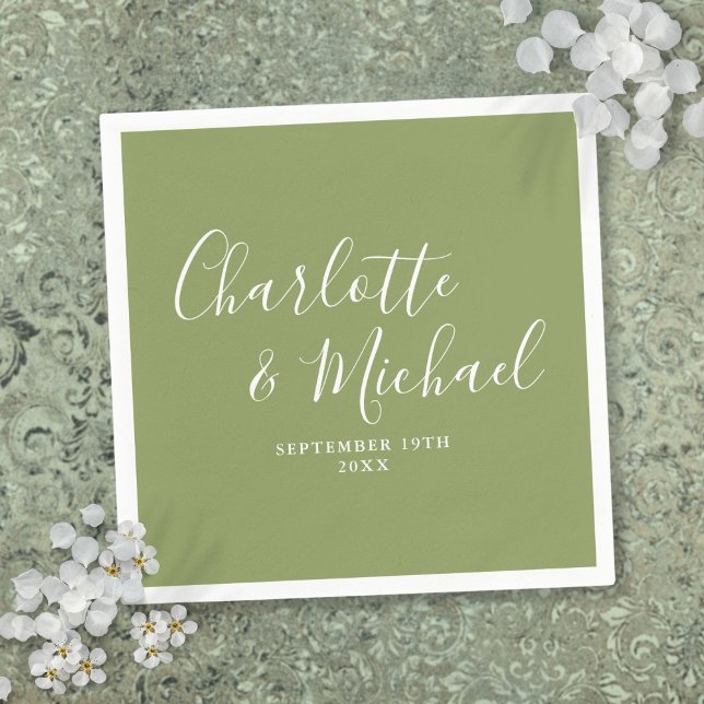 Serviette En Papier Moss Green Elegant Mariage de script moderne (Moss Green Elegant Modern Script Wedding Napkins)