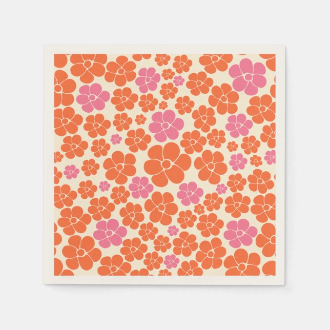 Serviette En Papier Motif à fleurs - rose, orange et crème (Devant)