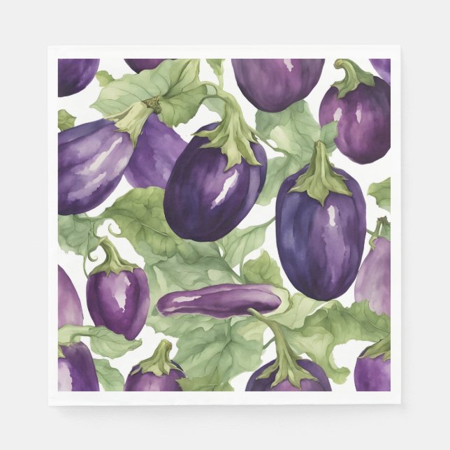 Serviette En Papier Motif botanique de jardin aux aubergines à l'aquar (Devant)