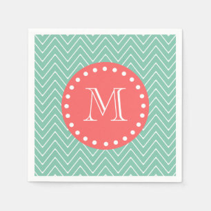 Serviette En Papier Motif Chevron vert Mint   Monogramme de corail