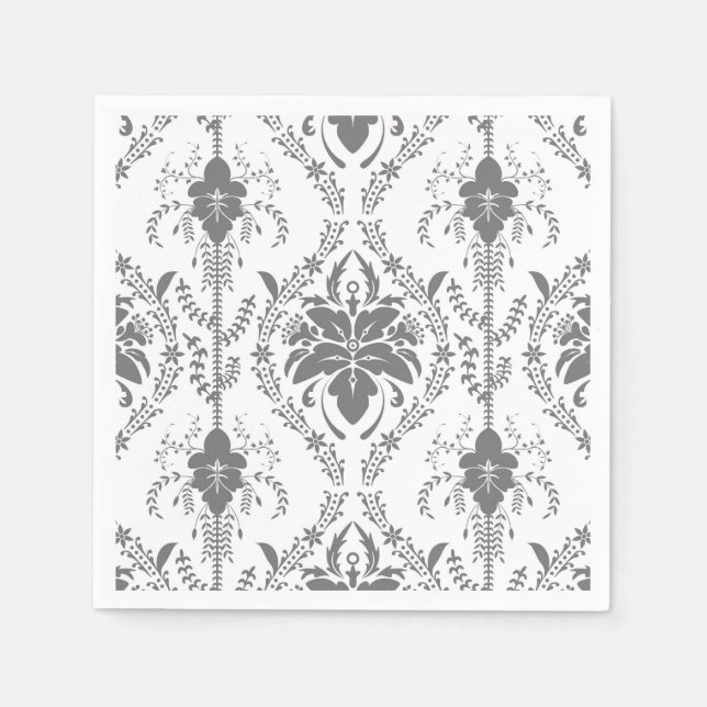 Serviette En Papier Motif Damask blanc et gris (Devant)