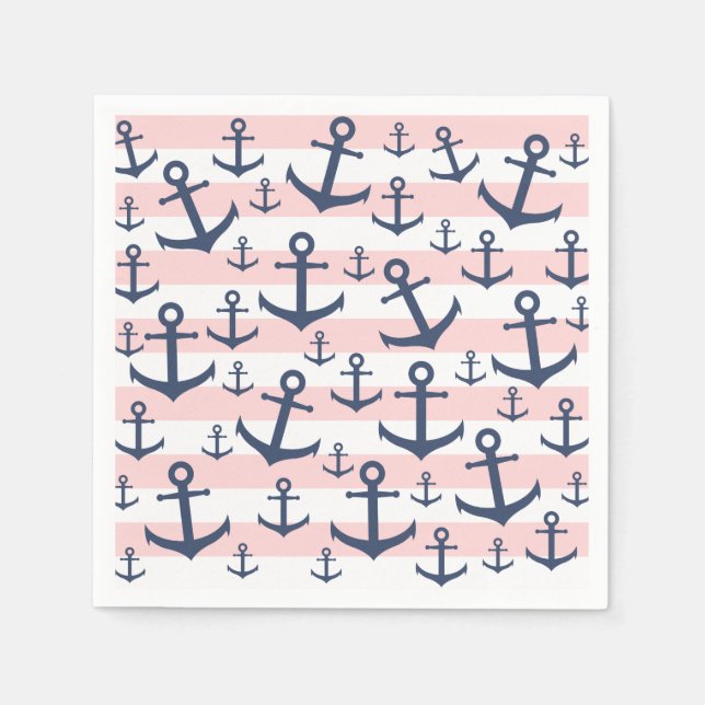 Serviette En Papier Motif d'ancrage bleu marine à rayures rose marine (Devant)