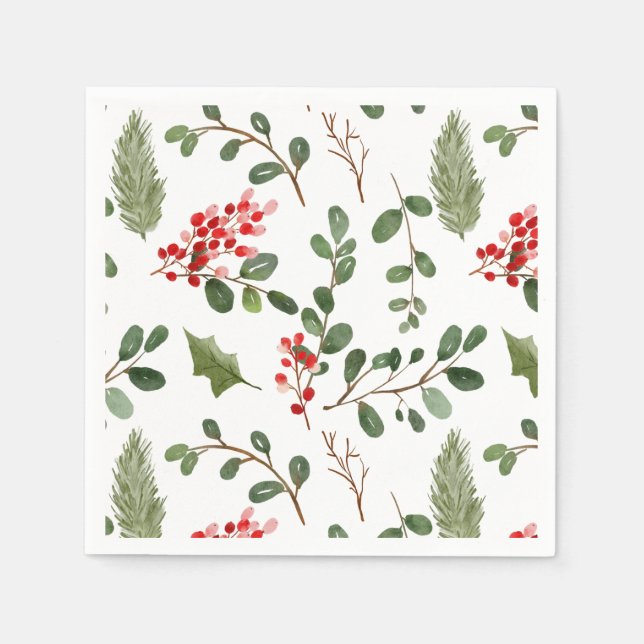 Serviette En Papier Motif d'aquarelle Holly Feuille Red Berry (Devant)