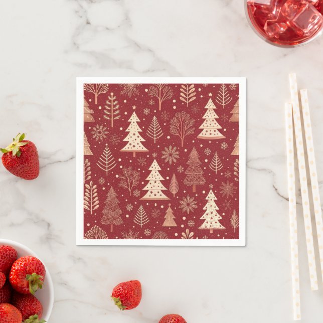 Serviette En Papier Motif d'arbre de Noël Toile Rouge Vintage (En situation)