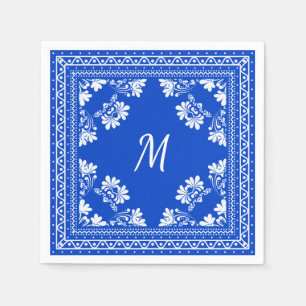 Serviette En Papier motif de bandana monogramme bleu et blanc