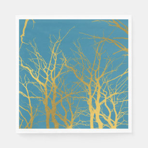 Serviette En Papier Motif de branches d'arbre dorées sur fond bleu 