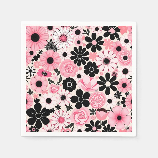 Serviette En Papier Motif de fleurs botaniques roses et noires rétro (Devant)