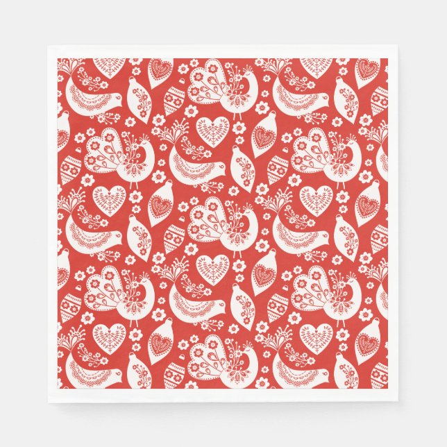 Serviette En Papier Motif de Noël scandinave rouge avec oiseaux (Devant)