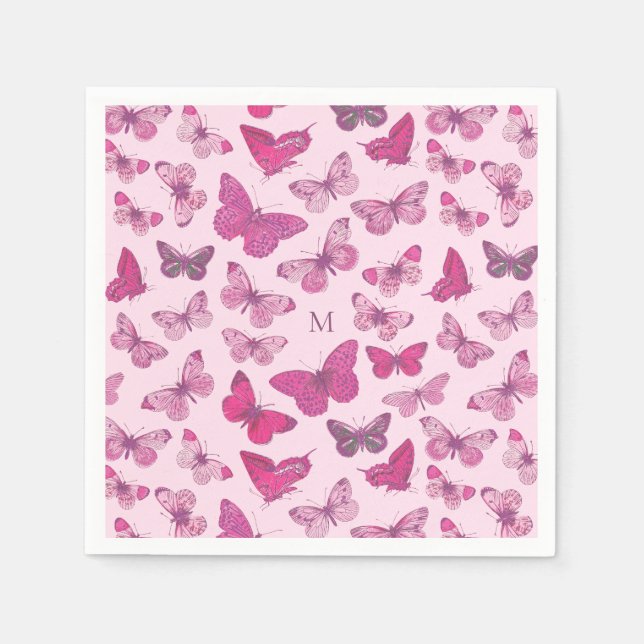 Serviette En Papier Motif de papillon rose girly mignon monogramme (Devant)