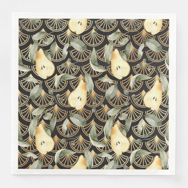 Serviette En Papier Motif de poires d'aquarelle et d'échelles d'or (Devant)