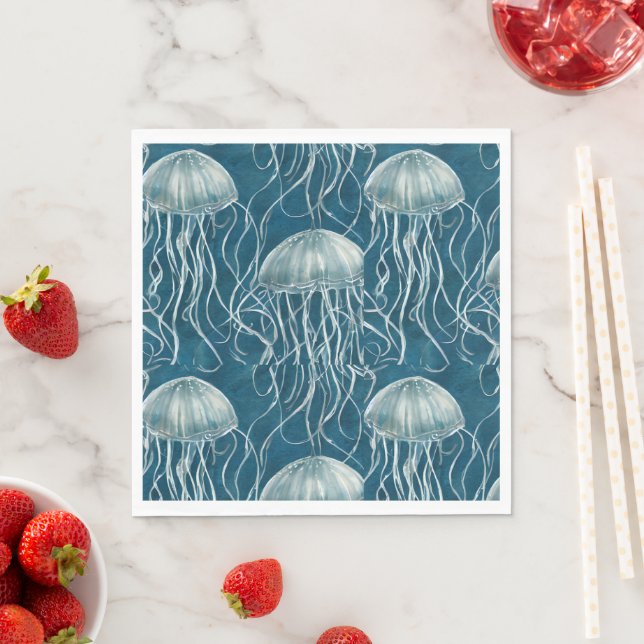 Serviette En Papier Motif de poisson marine bleu et blanc gelée (En situation)