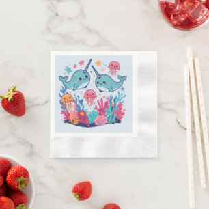Serviette En Papier Motif de poisson narval mignon aquarelle sous la m