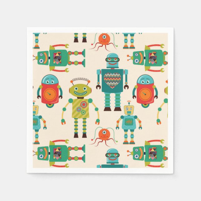 Serviette En Papier Motif de robots rétro colorés (Devant)