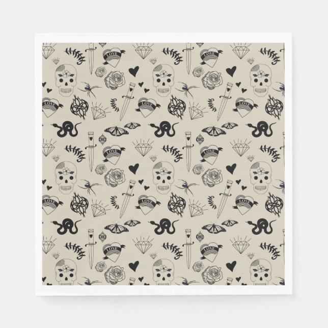Serviette En Papier Motif de tatouage à main noir et beige (Devant)