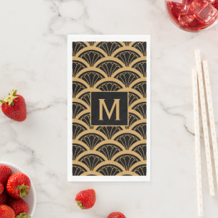 Serviette En Papier Motif de ventilateur Monogram Gold Black Art Déco
