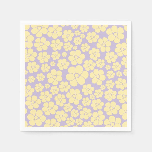 Serviette En Papier Motif Fleur - Pastel Jaune et Violet (Devant)