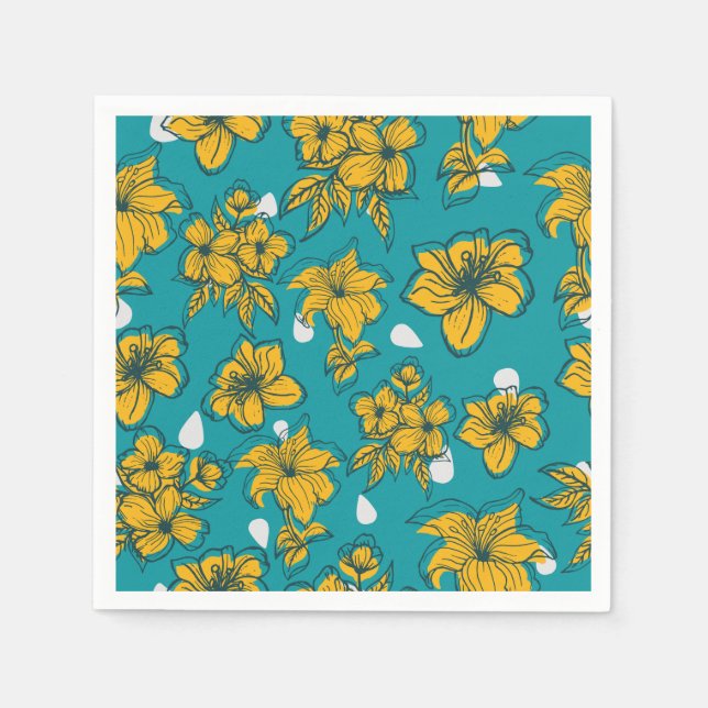 Serviette En Papier Motif Fleurs Turquoises jaunes (Devant)