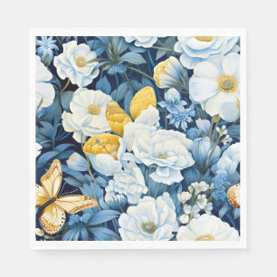 Serviette En Papier Motif floral, bleu, blanc, jaune doré,