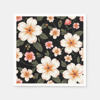 Serviette En Papier Motif floral clair sur noir