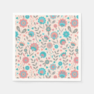 Serviette En Papier Motif floral d'art populaire turquoise et de
