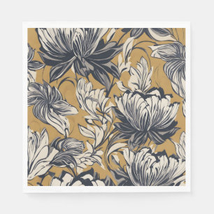 Serviette En Papier Motif floral élégant noir et blanc sur fond doré m