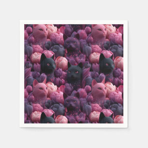 Serviette En Papier Motif floral surréaliste de chat noir et de pivoin