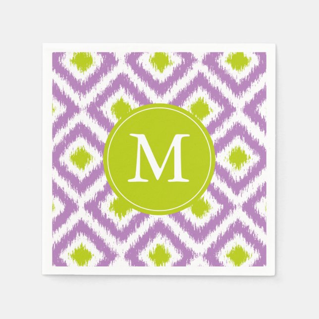 Serviette En Papier Motif Ikat vert violet monogramme (Devant)