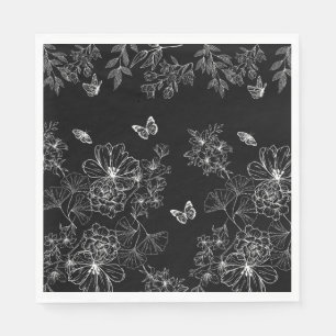 Serviette En Papier Motif minimaliste de la nature florale noire et bl