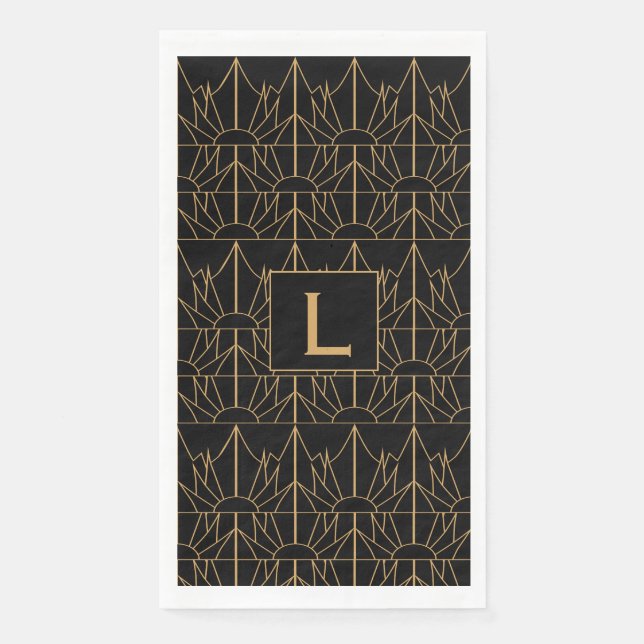 Serviette En Papier Motif Monogram Gold et Black Art Déco (Devant)