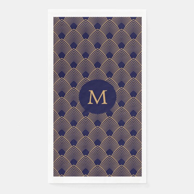 Serviette En Papier Motif Monogram Gold et Blue Art Déco (Devant)