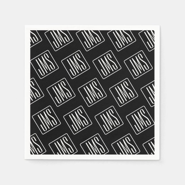 Serviette En Papier Motif monogramme moderne | Noir & Blanc (Devant)