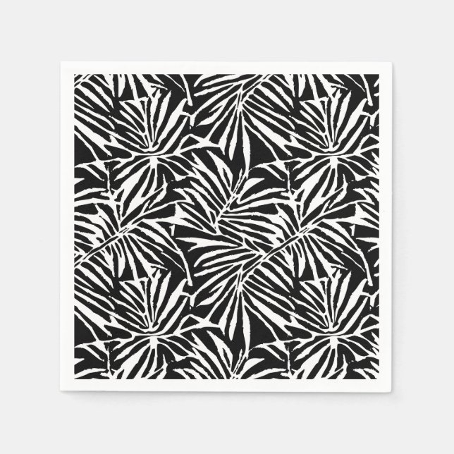Serviette En Papier Motif Répétant à feuilles tropicales noires et bla (Devant)