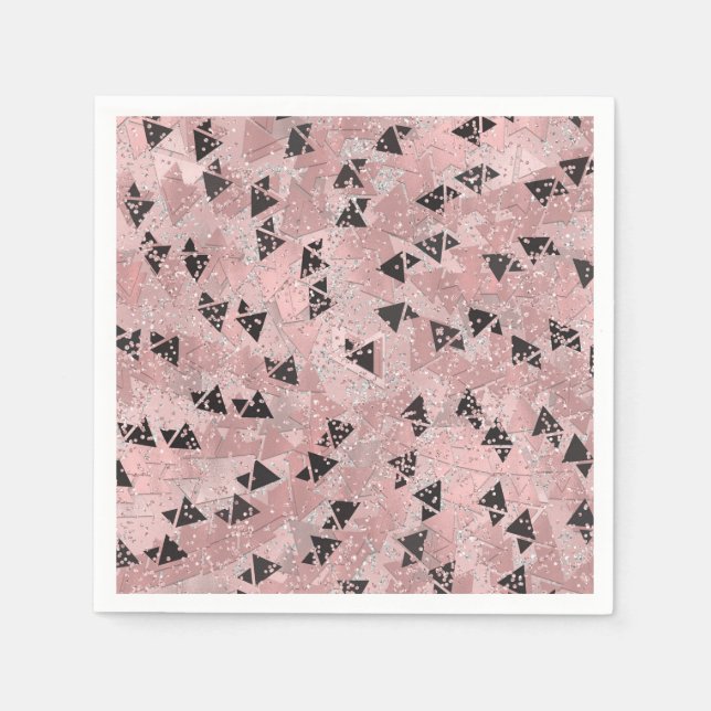 Serviette En Papier Motif Rose rose or et triangles noir (Devant)