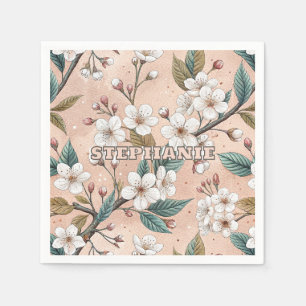 Serviette En Papier Motif Sakura en fleurs de cerisier rose sur rose (