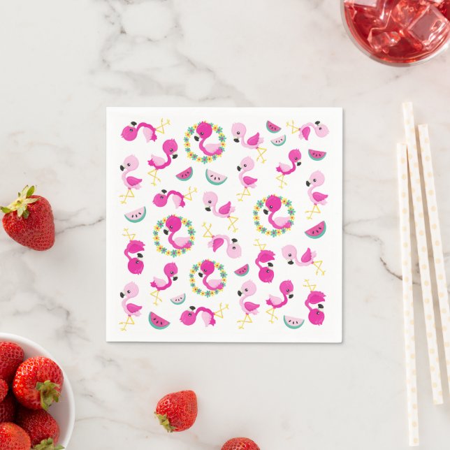 Serviette En Papier Motif tropical, Flamants roses, pastèques, Fleurs (En situation)